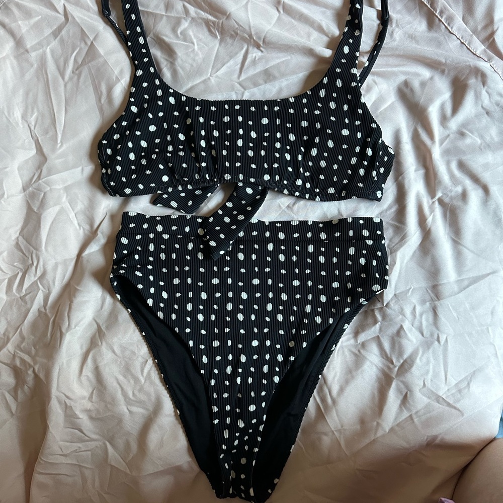 Aerie Scoop High Cut Cheeky Polka Dot Black and White Bikini Set Medium
